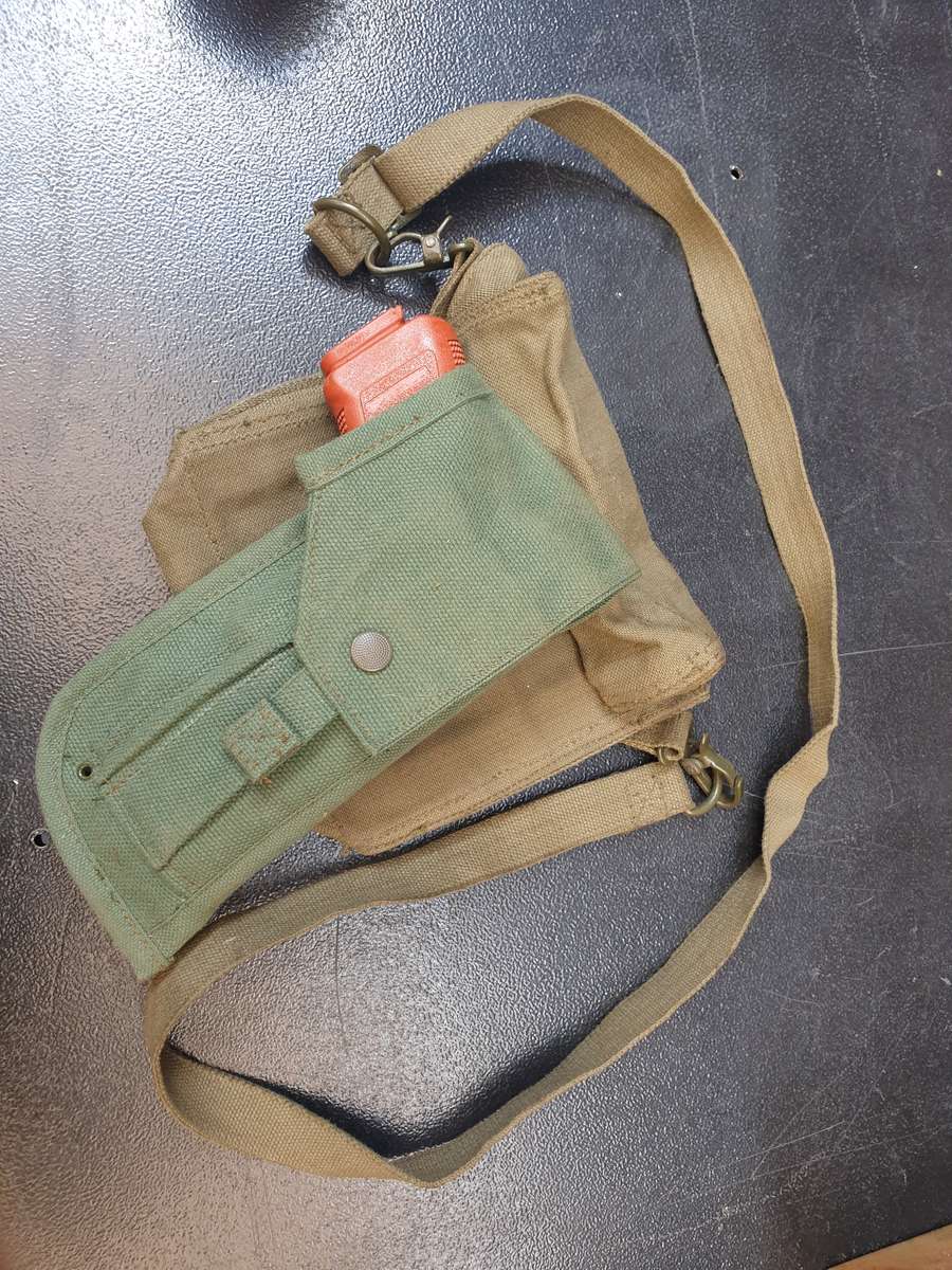 variation SADF style patt 70/73 light olive green cotton canvas side-arm holster RH belt worn as new
