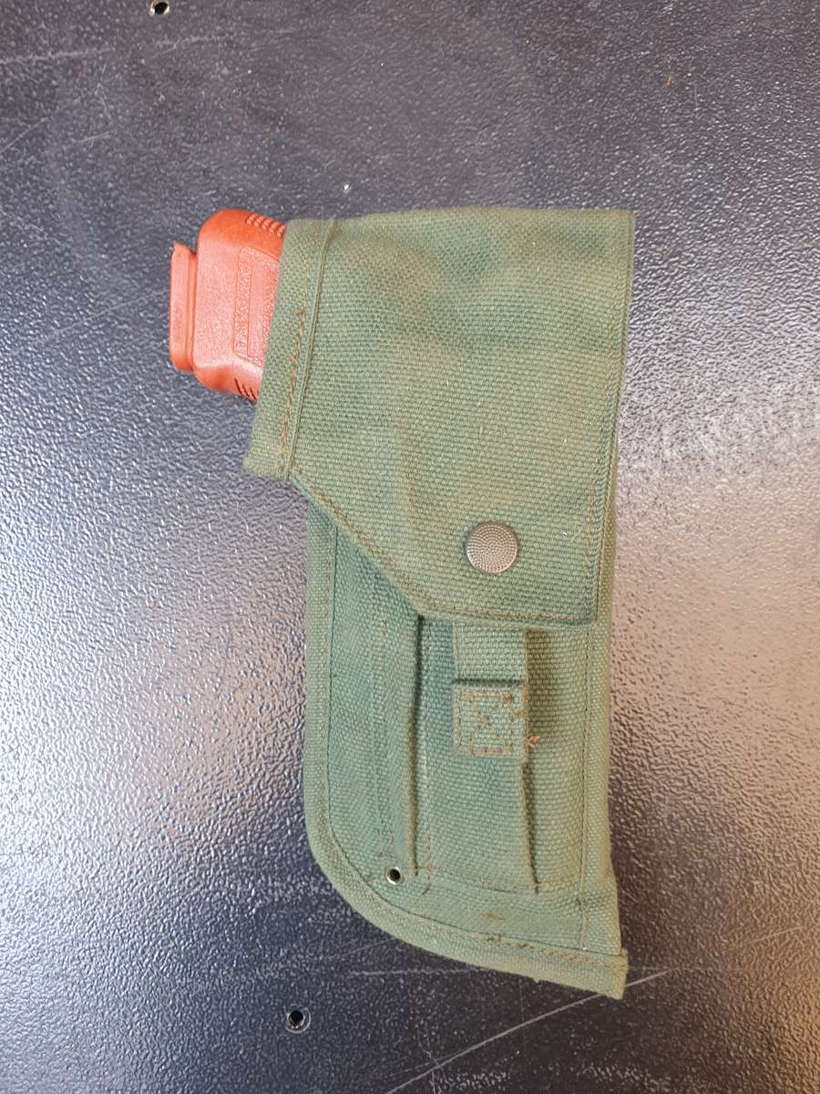 variation SADF style patt 70/73 light olive green cotton canvas side-arm holster RH belt worn as new