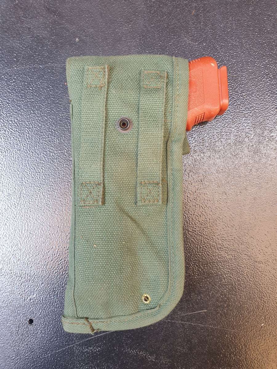 variation SADF style patt 70/73 light olive green cotton canvas side-arm holster RH belt worn as new