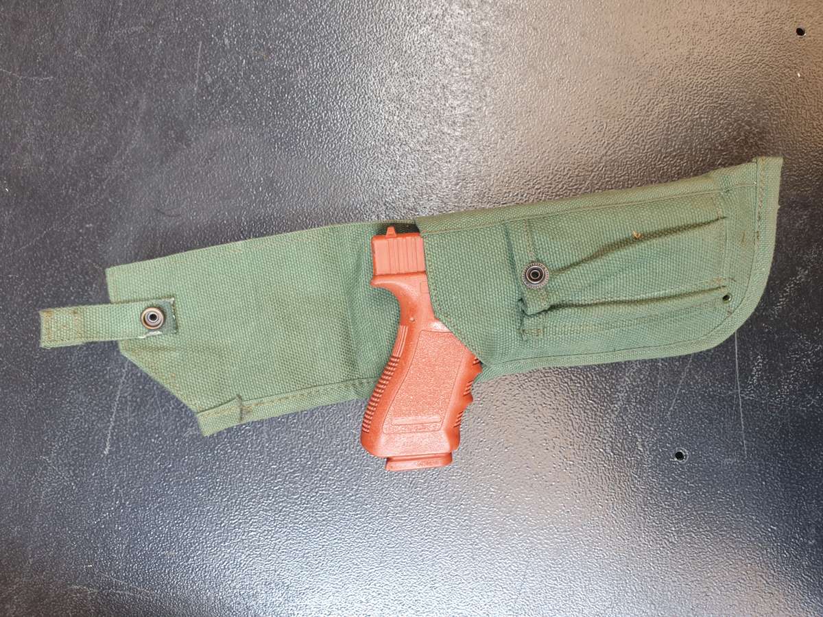 variation SADF style patt 70/73 light olive green cotton canvas side-arm holster RH belt worn as new