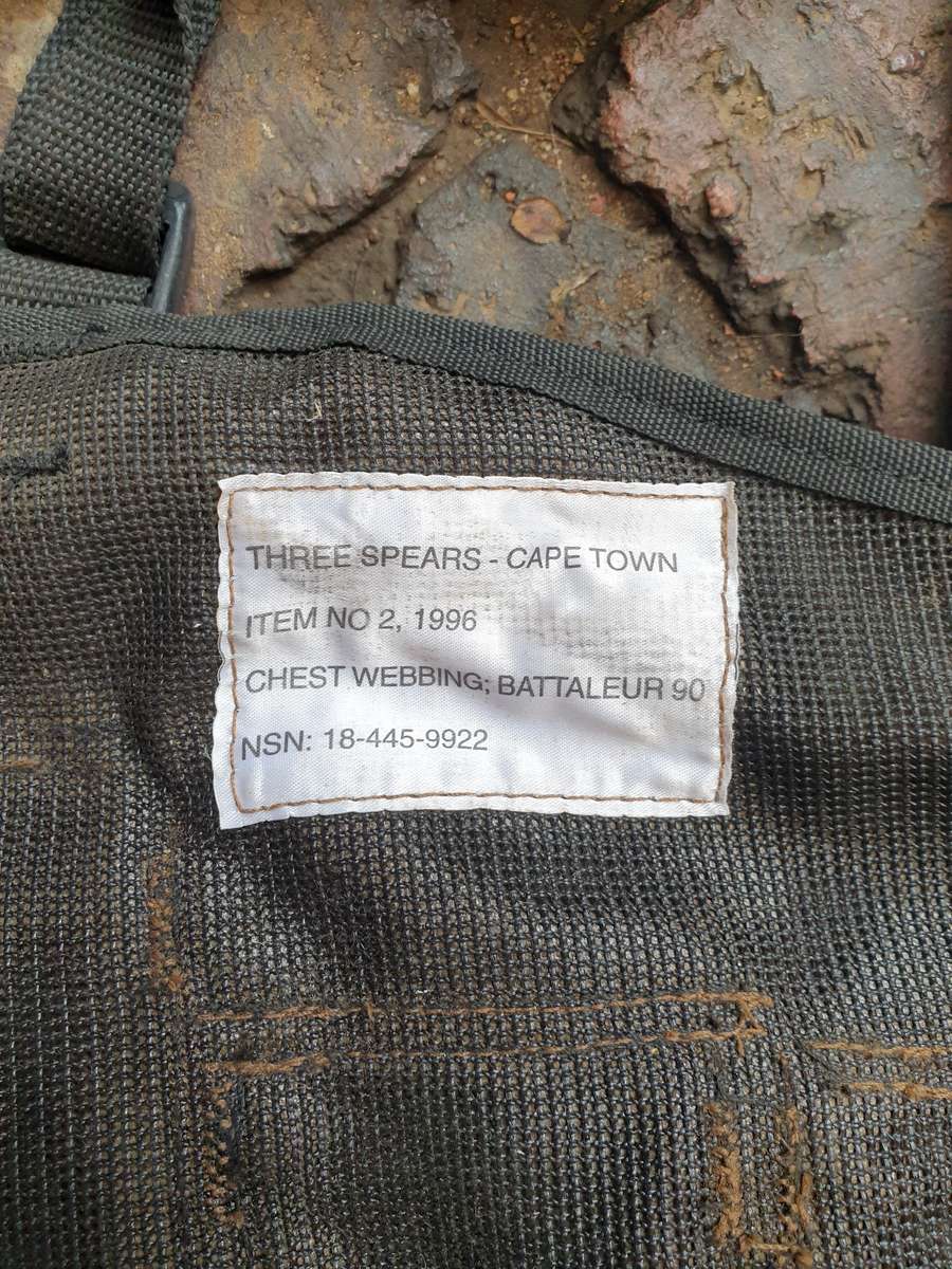 original SADF era Para Bn issue nutria (3 Spears version) Bateleur 90 chest webbing with sidearm