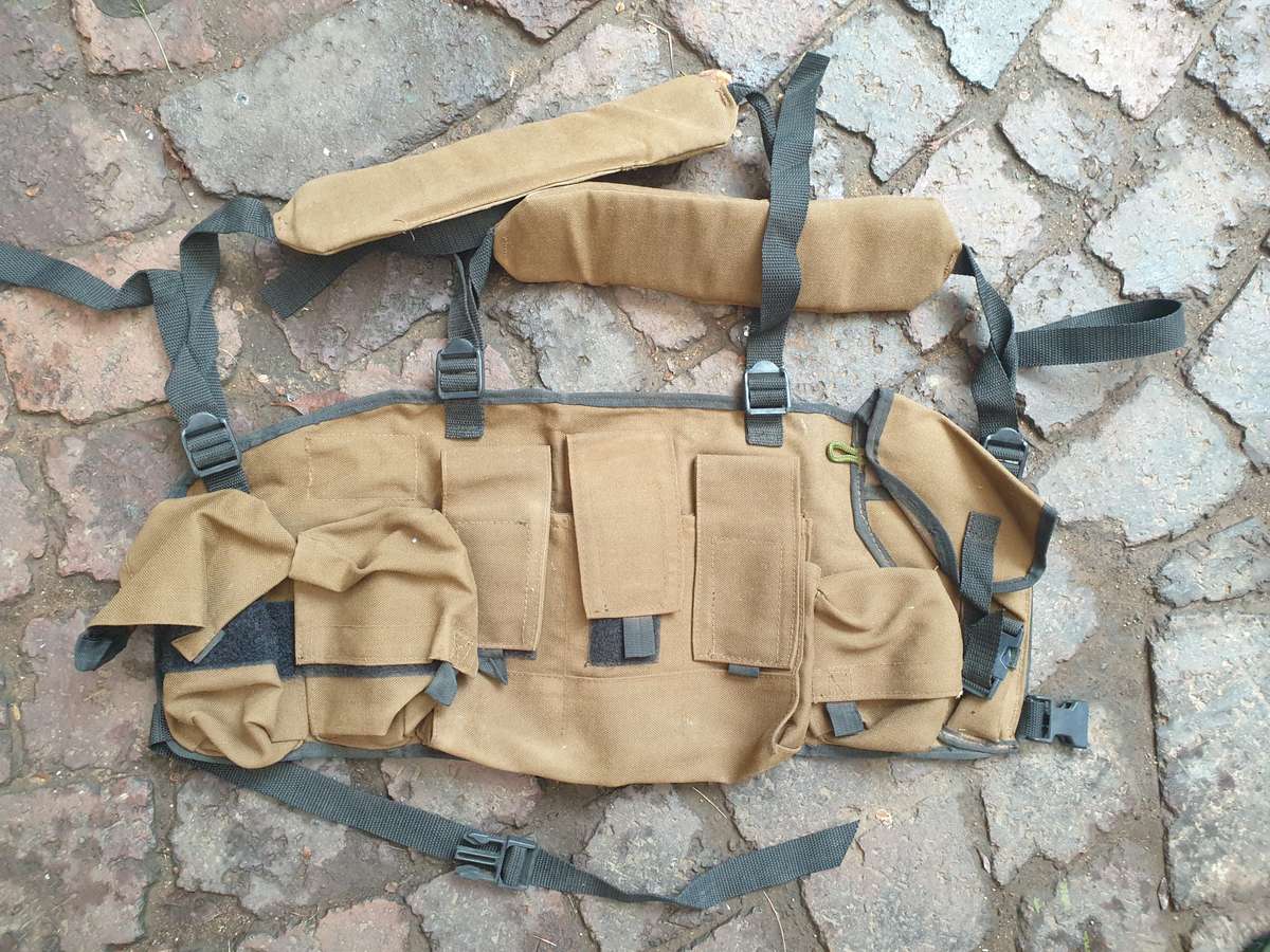 original SADF era Para Bn issue nutria (3 Spears version) Bateleur 90 chest webbing with sidearm