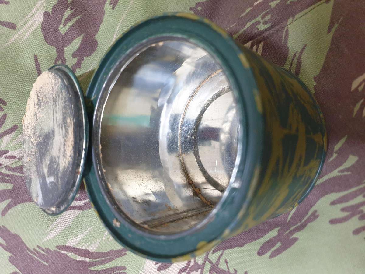 original Rhodesian era period piece hand camo painted soldier's individual ration tin clean as per