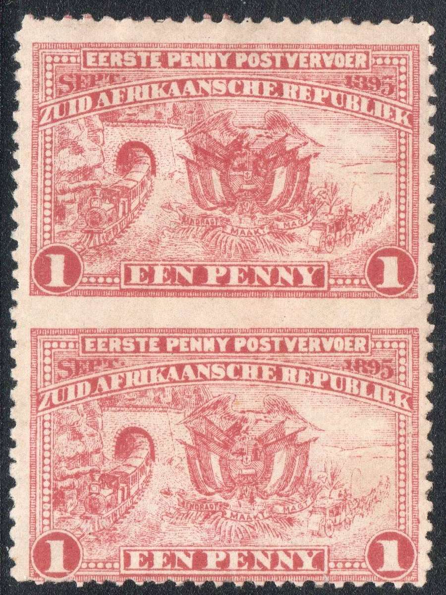 TRANSVAAL SACC222a 1d RED IMPERF(BETWEEN) VERTICAL PAIR MM CV R4500+
