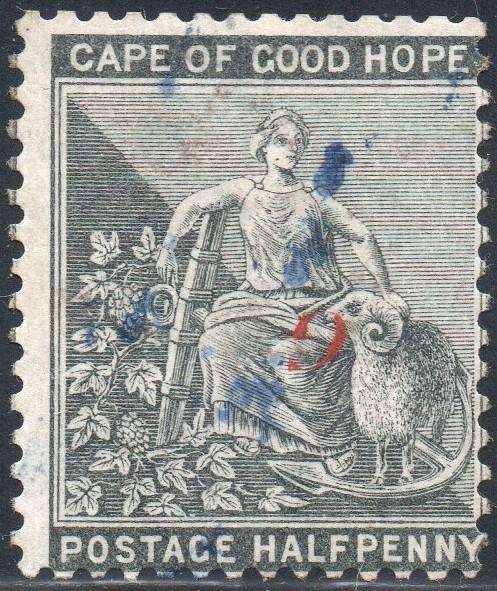 Griqualand West SG15a ½d Grey-Black with inverted o/p type 16 in red -  BLUE CDS(RARE) - VFU