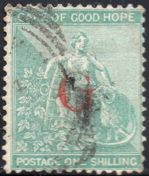 GRIQUALAND WEST 1877-8 SG9b 1st PRINTING 1/- GREEN, O/P TYPE 2 IN RED - FINE USED - CV £110+(2017)
