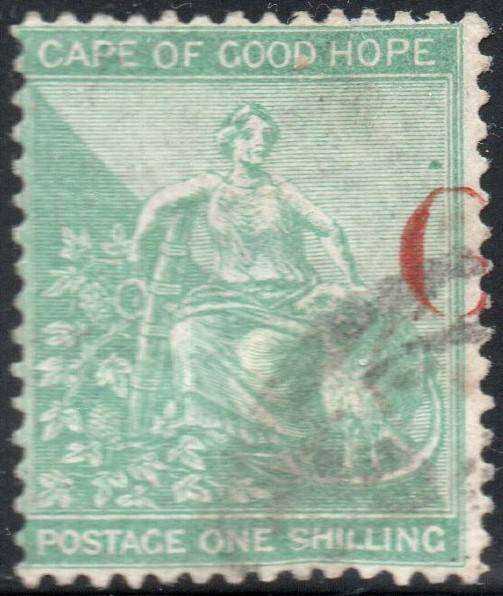 GRIQUALAND WEST 1877-8 SG9b(?) 1st PRINTING 1/- GREEN, O/P TYPE 2(?) IN RED - VFU - CV £110+(2017)