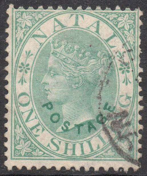 NATAL 1870-3 SACC21 1/- GREEN, O/P IN GREEN - VFU - CV R300