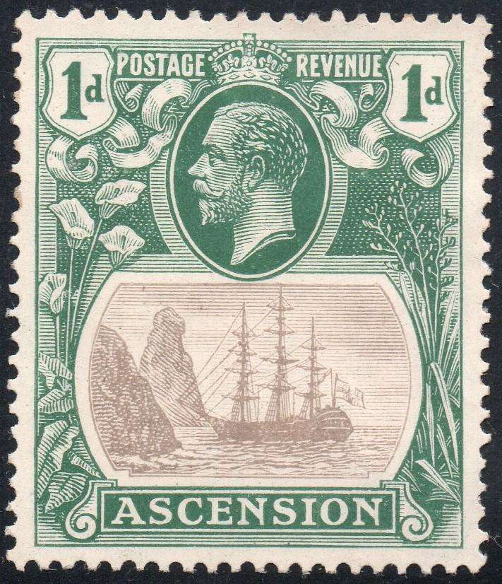 ASCENSION 1924-33 SG11b 1d GREY-BLACK & DEEP BLUE GREEN - ''TORN FLAG'' VARIETY CV £150+