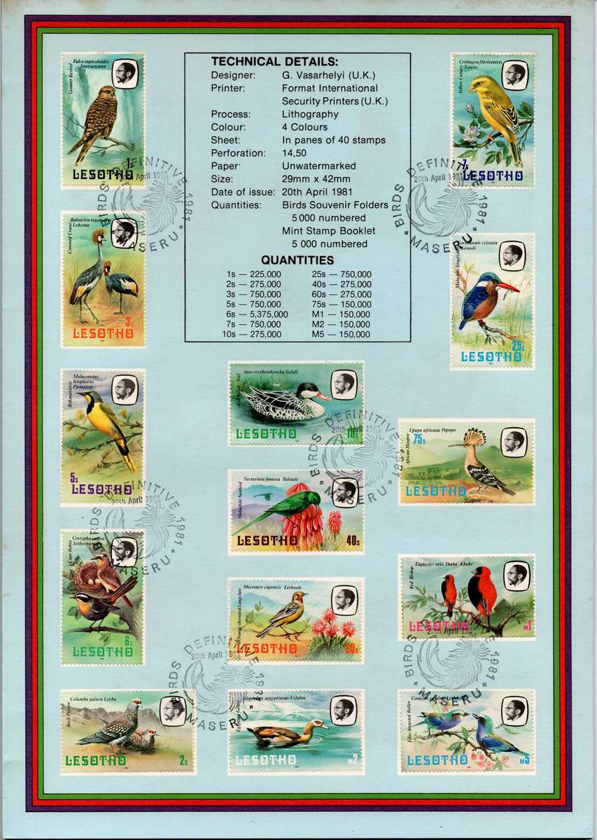 LESOTHO - BIRD THEMATICS - FDC X6