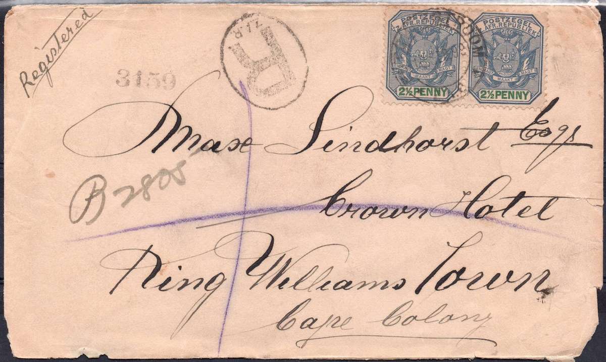 TRANSVAAL (ZAR) SEPTEMBER 1899 REGISTERED  COVER TRANSVAAL TO CAPE COLONY  WITH 2½d PAIR - SEE SCANS