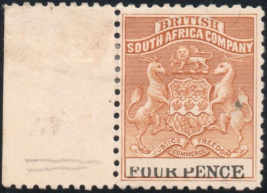 B.S.A.C / Rhodesia 1895 SACC28 4d YELLOW-BROWN & BLACK WITH VARIETY - MM