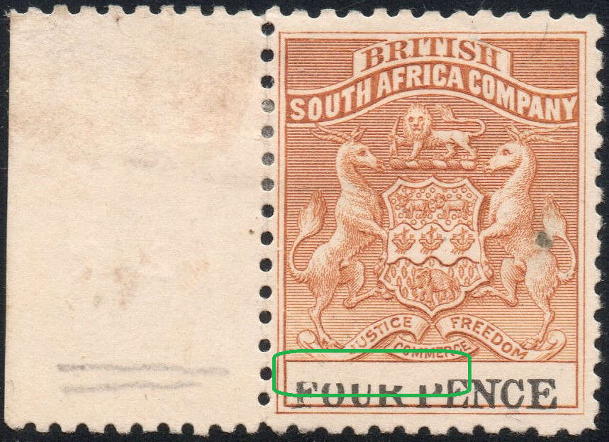 B.S.A.C / Rhodesia 1895 SACC28 4d YELLOW-BROWN & BLACK WITH VARIETY - MM