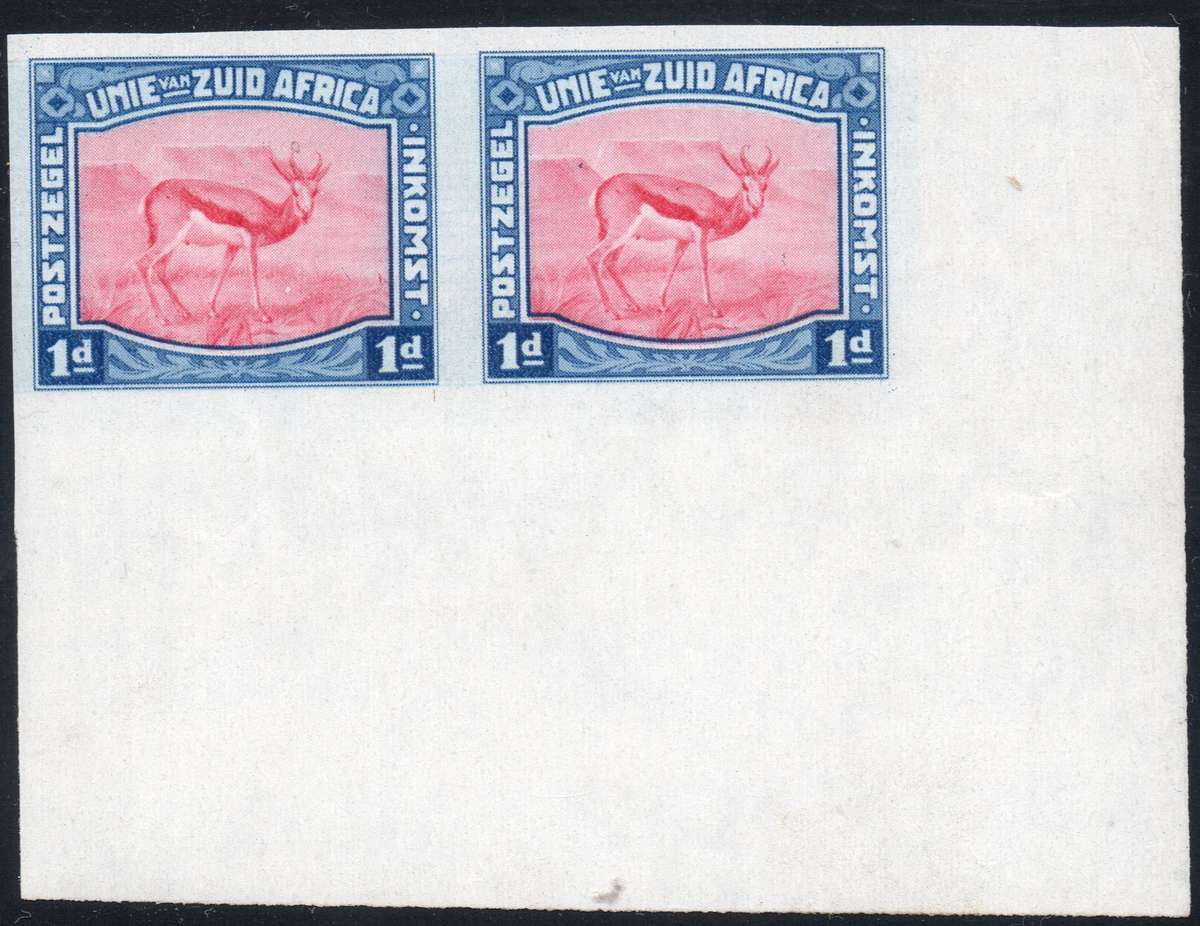 Union of SA - HARRISON ESSAY - 1d BLUE & CARMINE CORNER MARGINAL IMPERF PAIR - RARE
