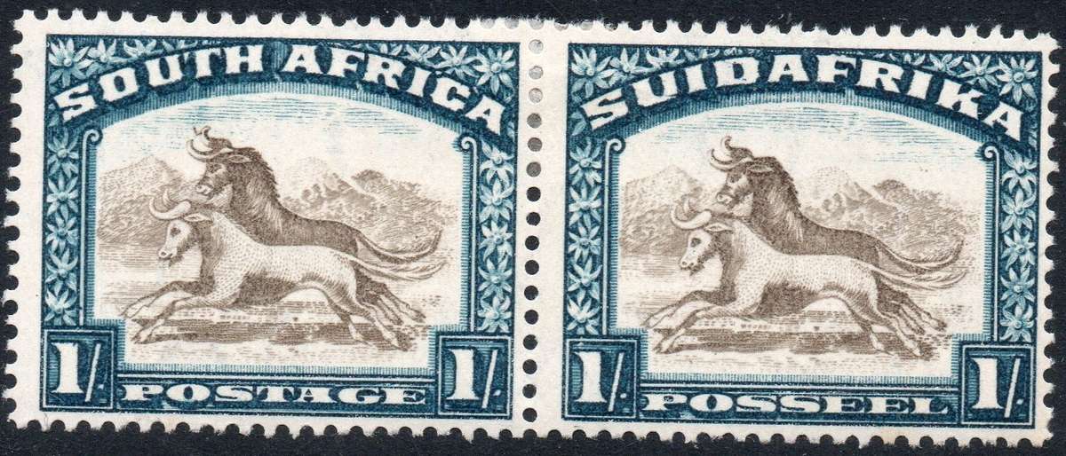 UNION OF SA 1932 SG48cw 1/- BROWN & DEEP BLUE - TWISTED HORN VARIETY MM CV £225(2017)