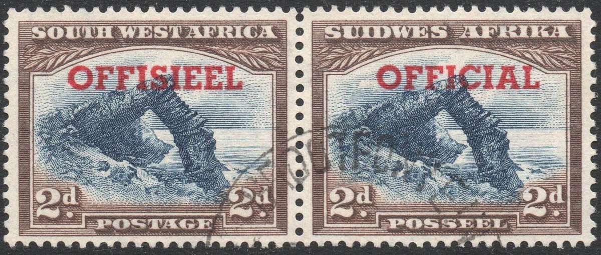 SWA OFFICIALS : 1951-2 SACC26a 2d BLUE & BROWN WITH TRANSPOSED O/P - VFU - CV R4000