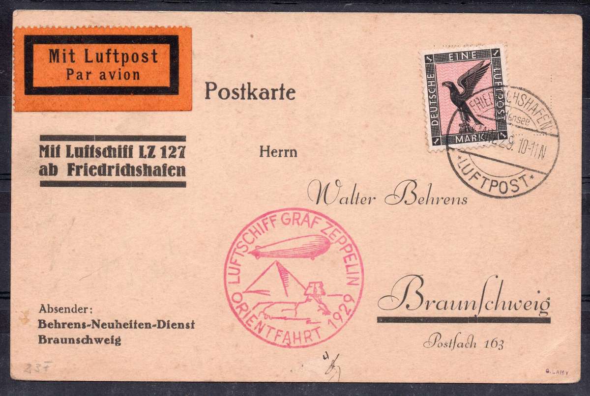 GERMANY 1929 - ZEPPILIN POSTCARD WITH 1M STAMP AFFIXED - SEE SCANS