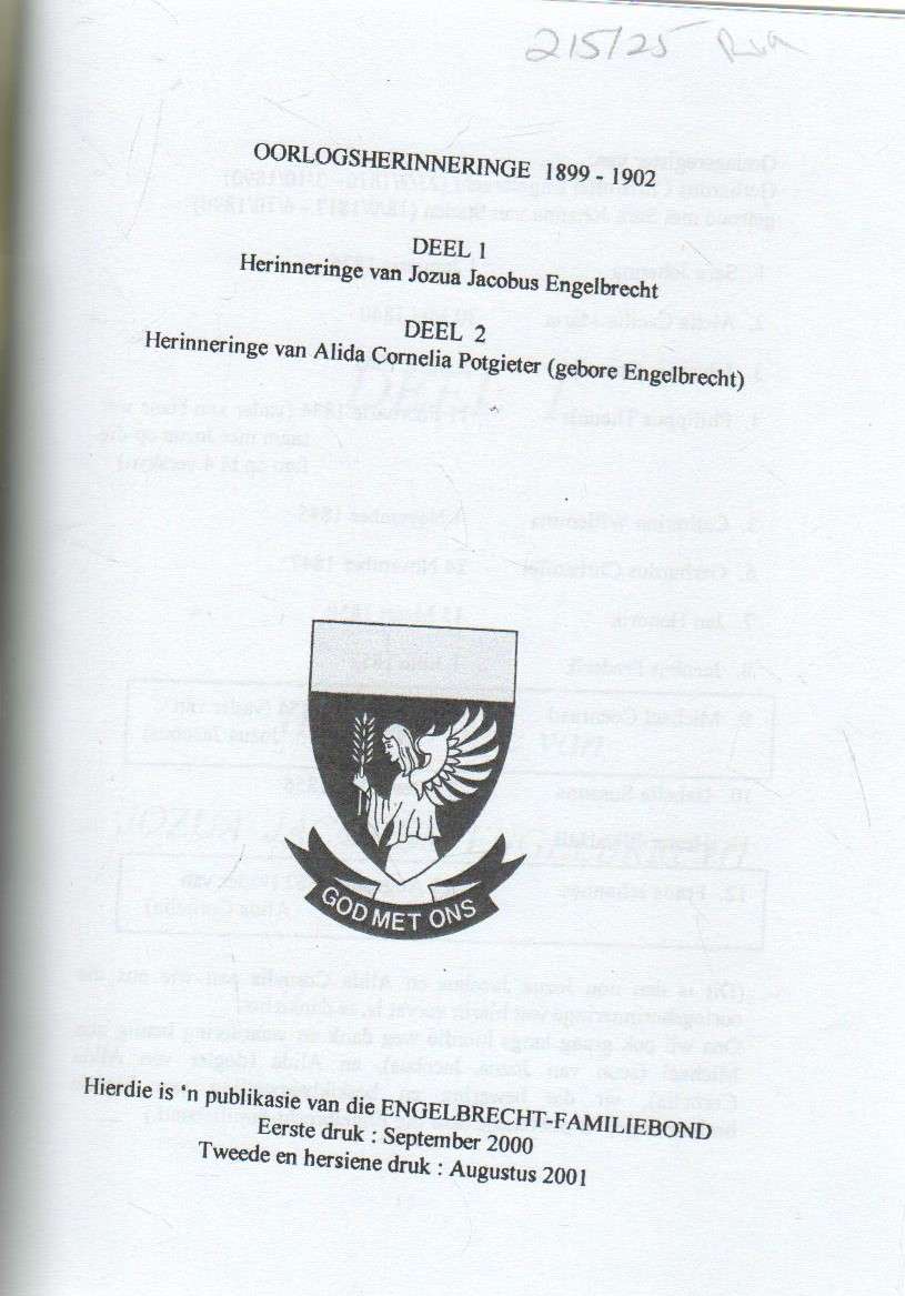 HERINNERINGE AAN DIE TWEEDE VRYHEIDSOORLOG - ENGELBRECHT-FAMILIEBOND (AUGUSTUS 2001)