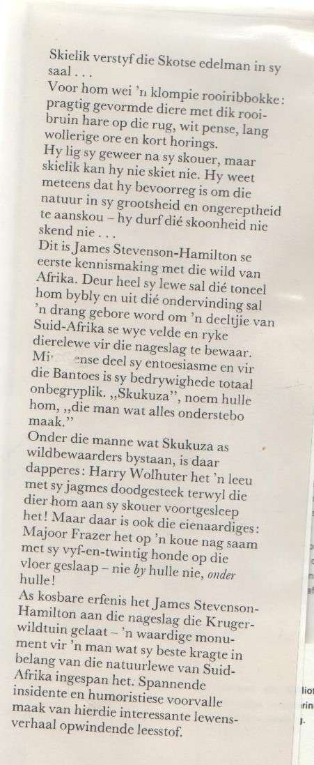 SKUKUZA DIE VERHAAL VAN JAMES STEVENSON-HAMILTON EN DIE KRUGER-WILDTUIN - DAVID TATTERSALL (1972)
