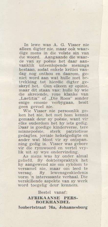 A G VISSER DIGTER EN SANGER - P J NIENABER (APB NR 6 1950)