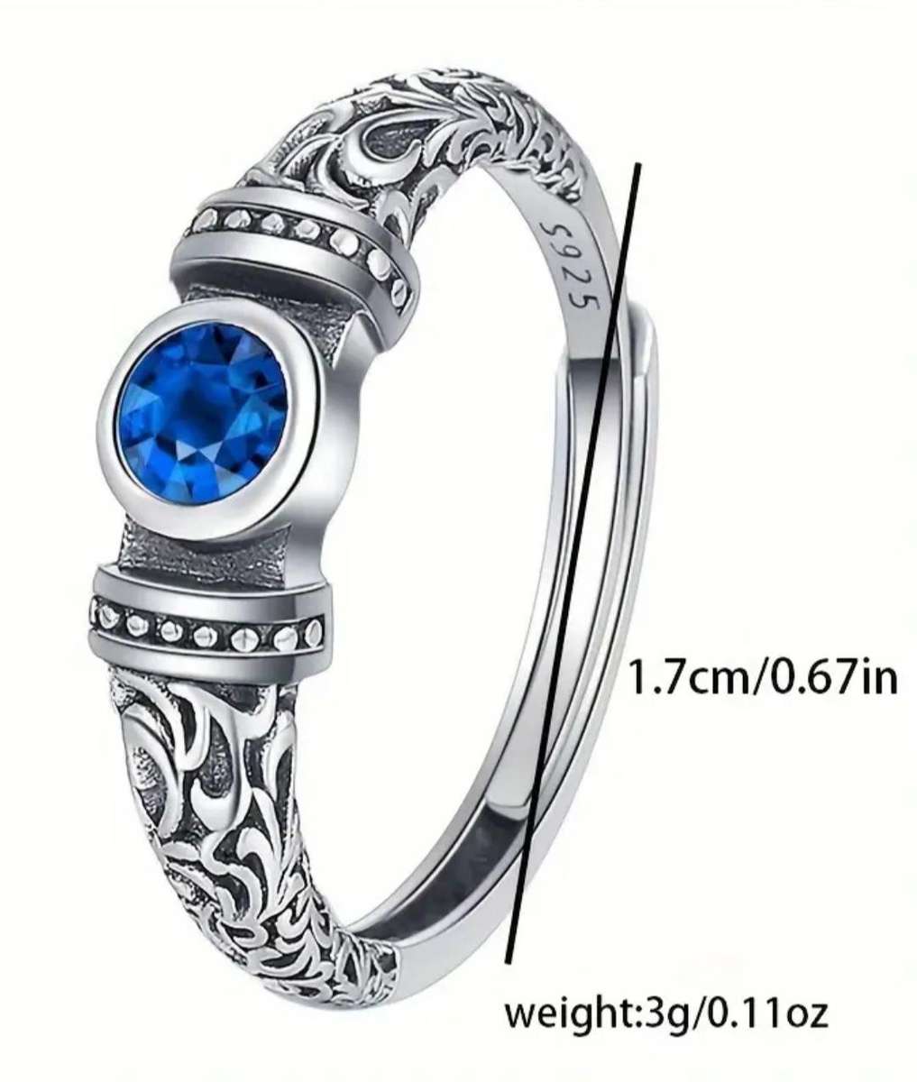 Blue Cubic Zirconia Silver Vintage Style Adjustable Ring