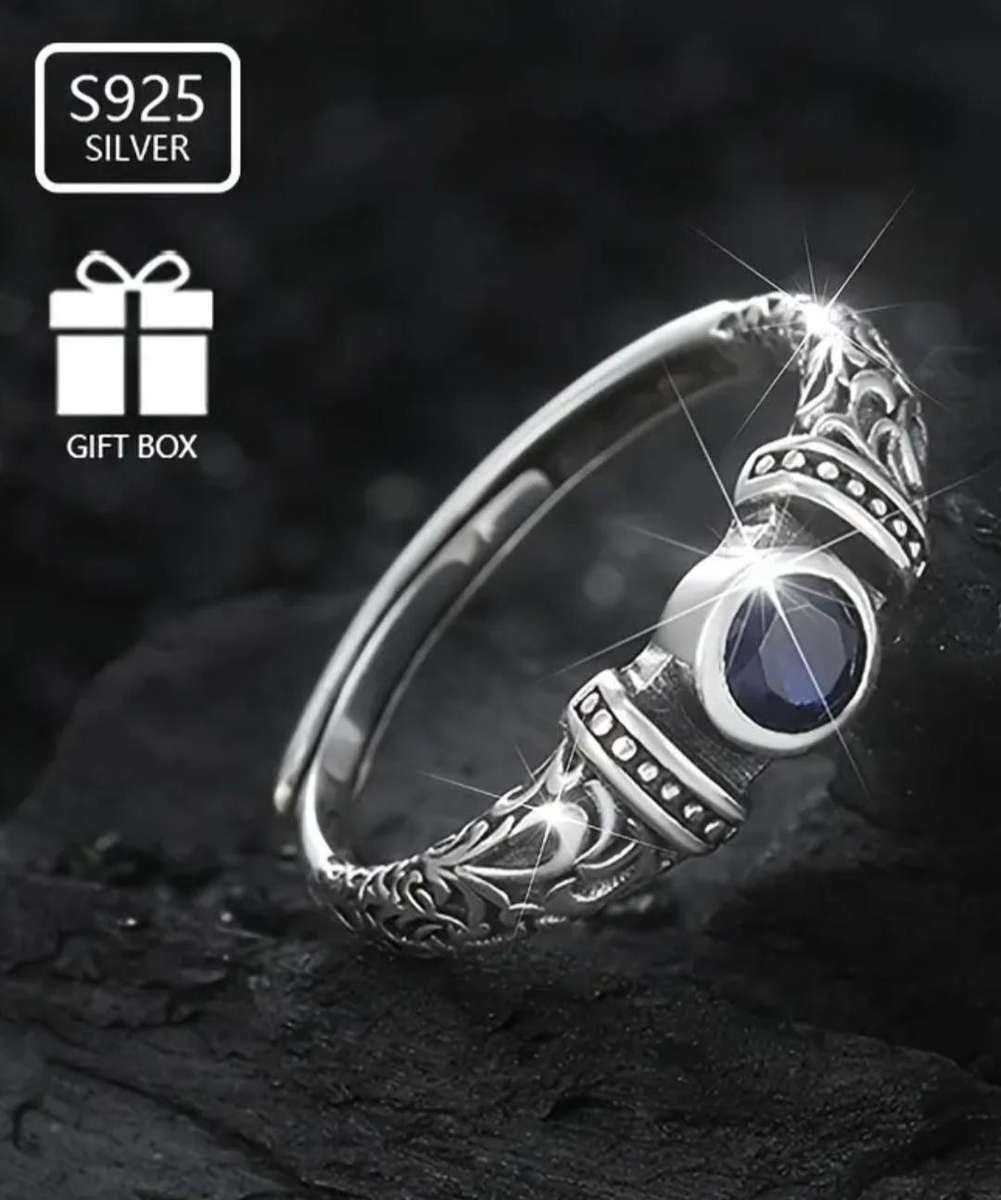 Blue Cubic Zirconia Silver Vintage Style Adjustable Ring