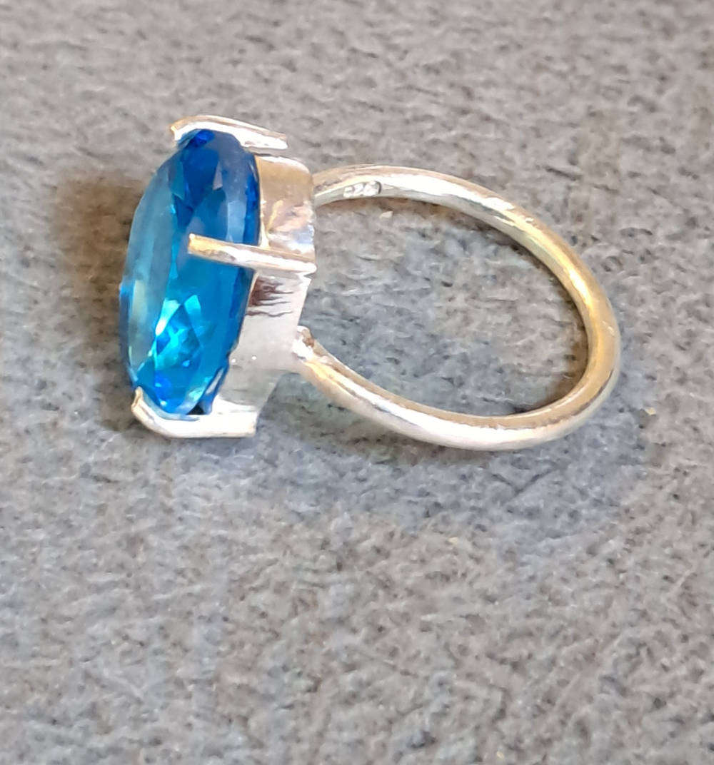 Silver Ring .925 Lab Grown Blue Topaz Gemstone Ring Size 7