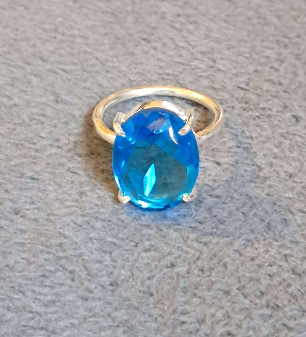 Silver Ring .925 Lab Grown Blue Topaz Gemstone Ring Size 7