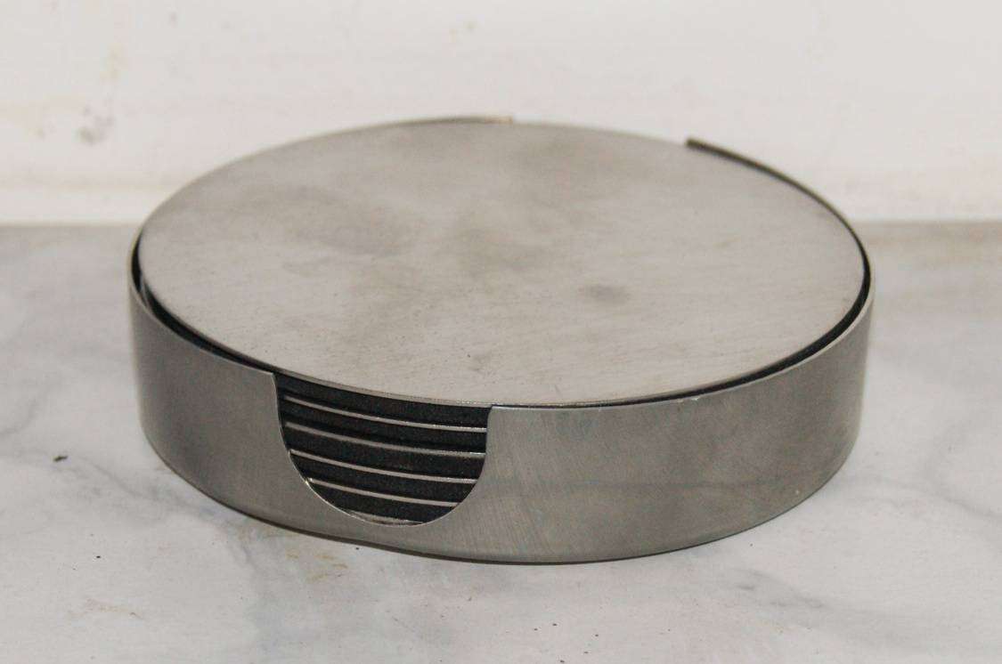 Set of 6 Stainless Steel Coasters in Holder