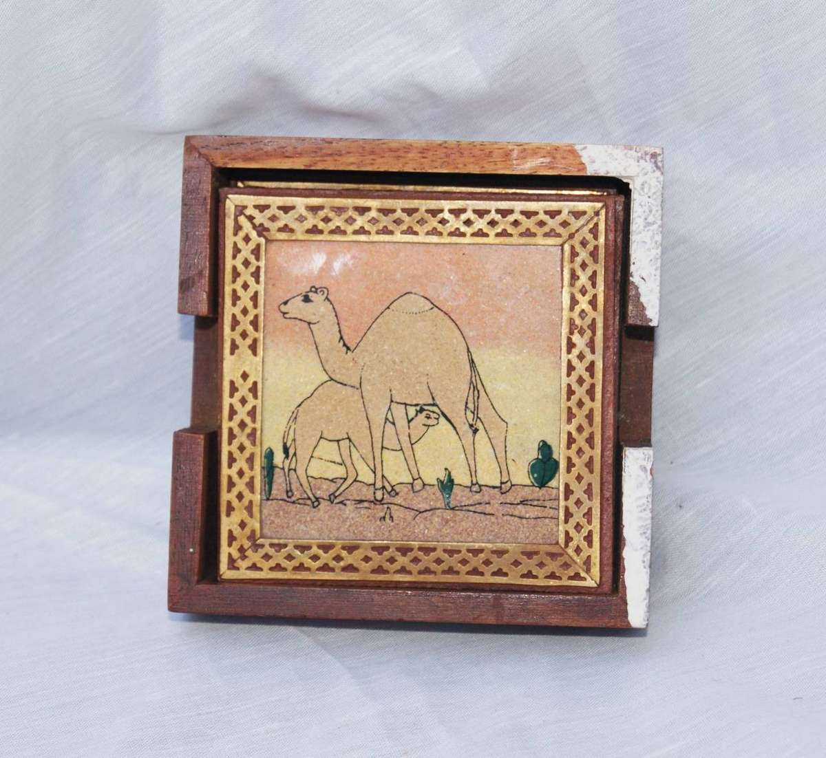 Vintage Set of 5 Wood and Brass Coasters in Holder