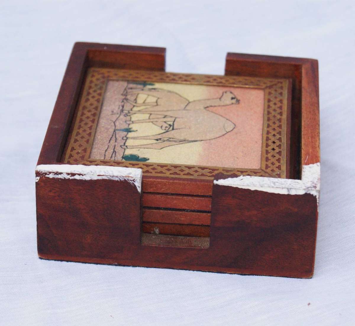 Vintage Set of 5 Wood and Brass Coasters in Holder