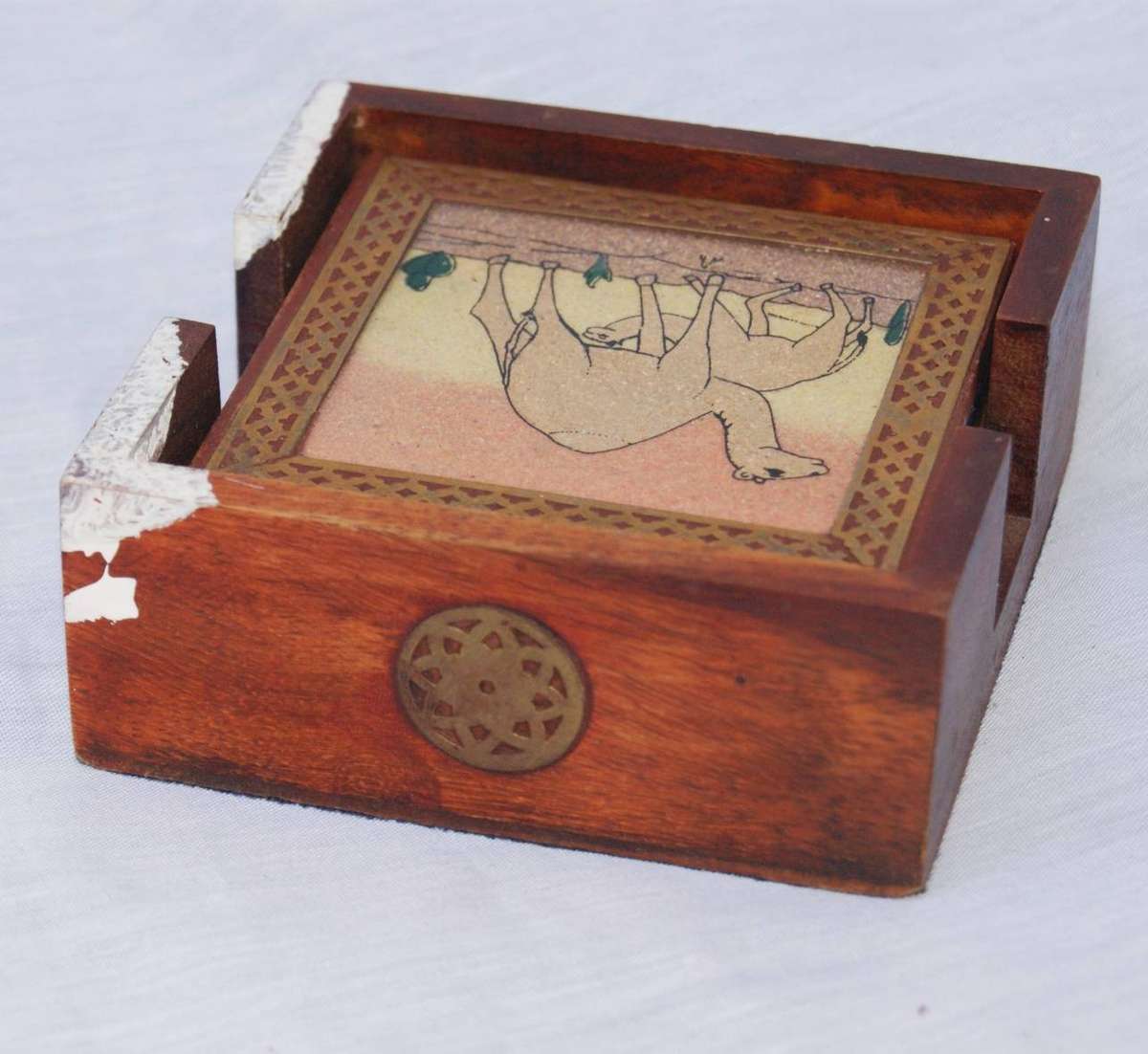 Vintage Set of 5 Wood and Brass Coasters in Holder