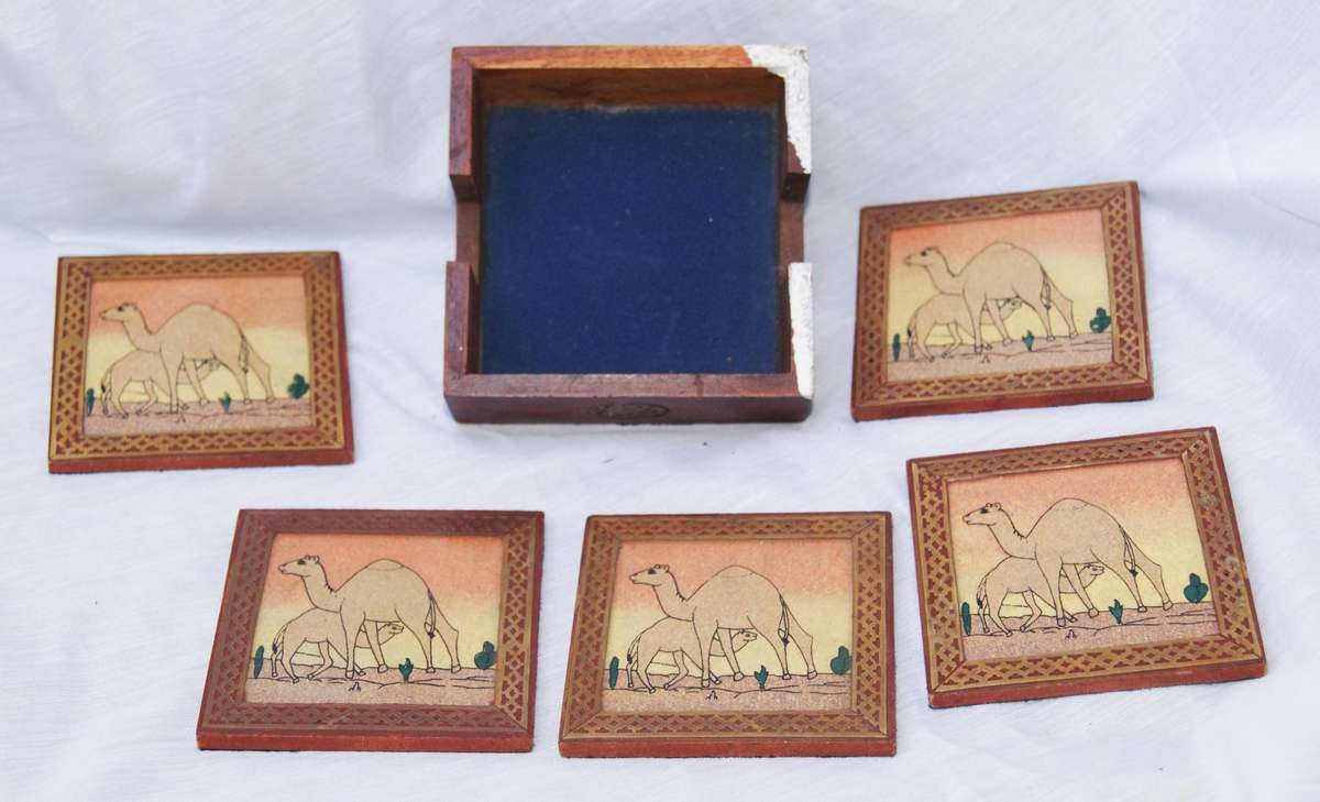 Vintage Set of 5 Wood and Brass Coasters in Holder