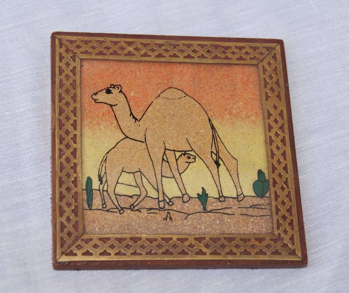 Vintage Set of 5 Wood and Brass Coasters in Holder