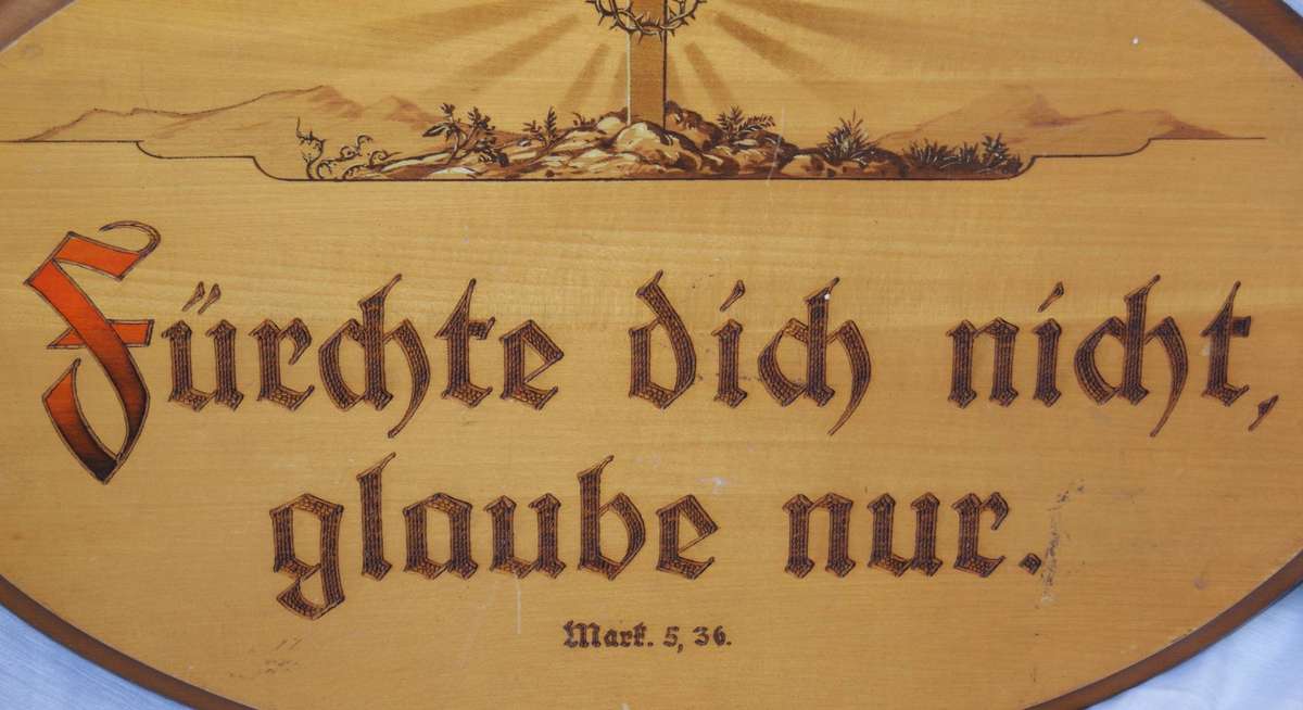 Antique Hand Carved and Painted Religious Plaque "Mark 5,36"