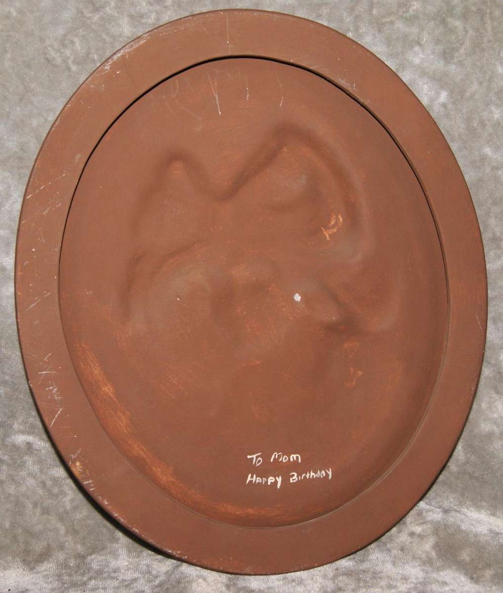 Hand painted ceramic portrait of lady with red bow on hat signed Elaine 98 @ Crazy R1 start