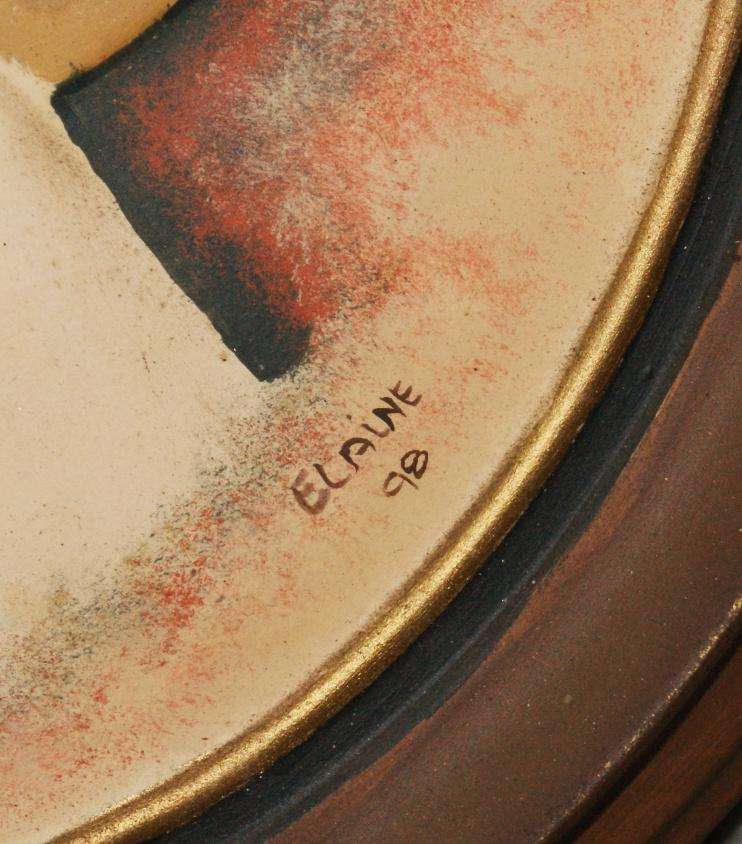 Hand painted ceramic portrait of lady with red bow on hat signed Elaine 98 @ Crazy R1 start