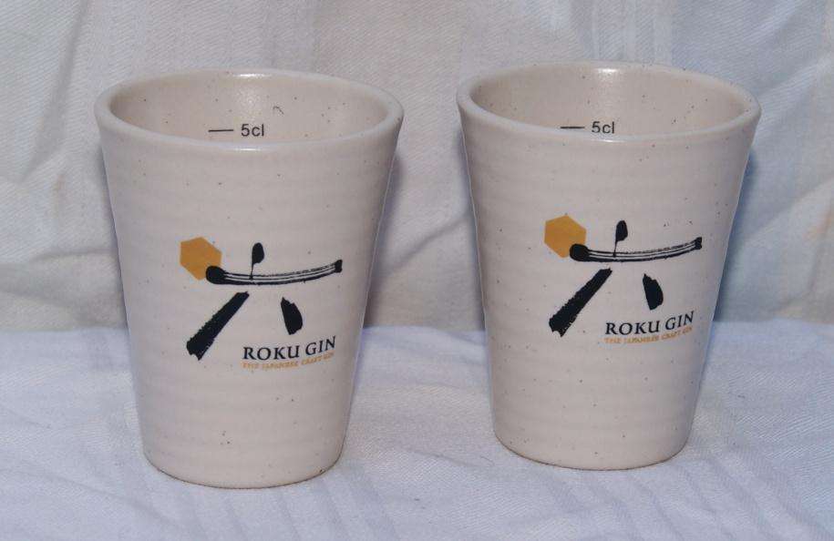 Pair of Roku Gin 5cl stoneware measuring/ drinking cup @ crazy R1 start