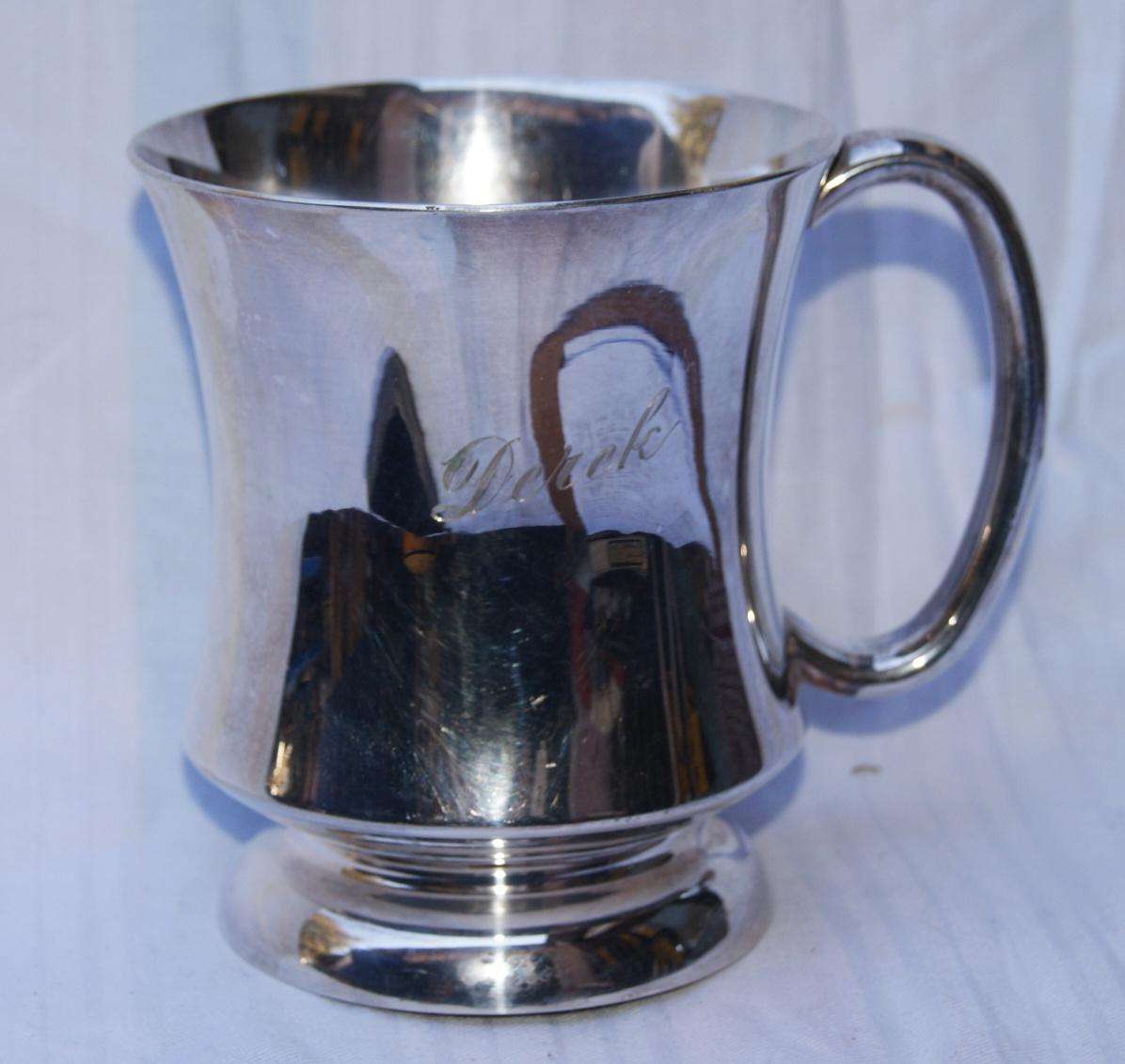 Vintage Louis Plate silver plated beer mug with Derek engraving