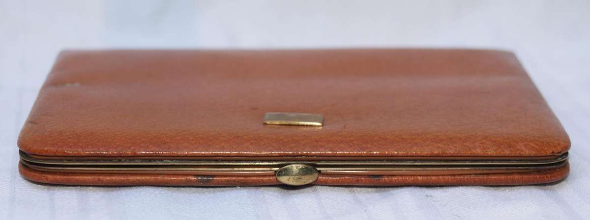 Vintage Tan Leather Card Wallet with Brass Clasp