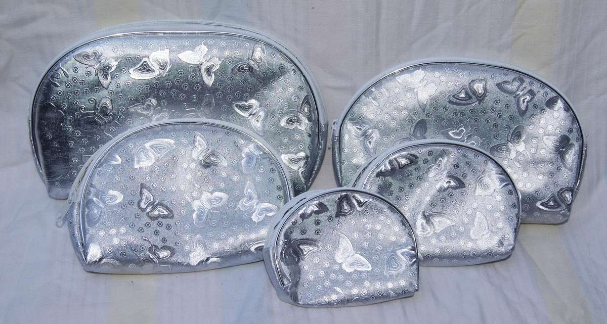 Set of 5 Embossed Butterfly Zip Purses  Silver Nesting Set