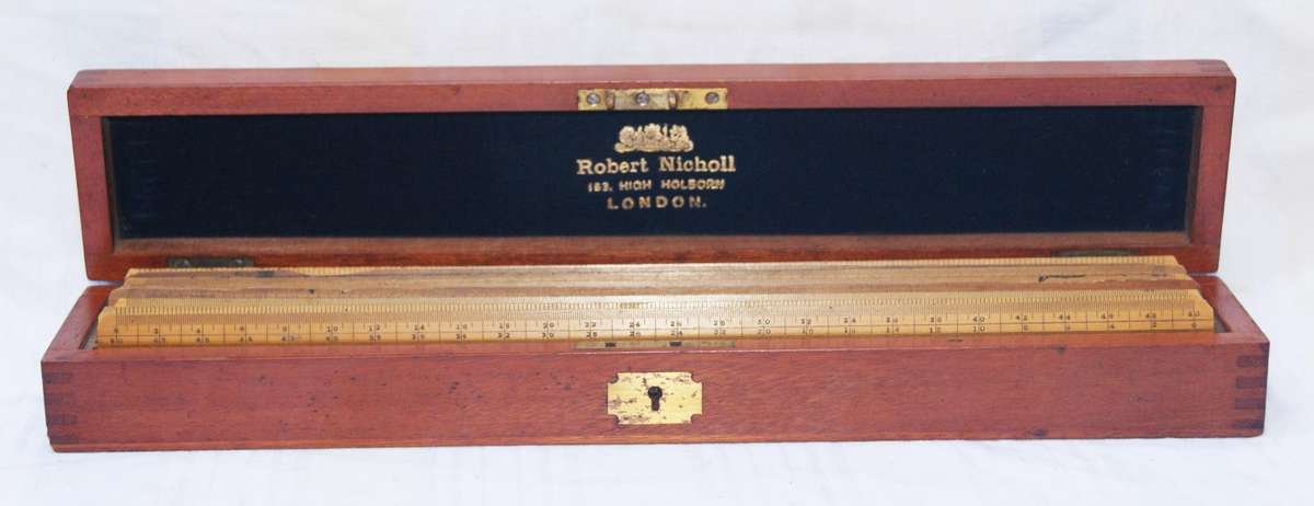 Antique Robert Nicholl London Scale Rule Set  8 Rules in Flame Mahogany Box