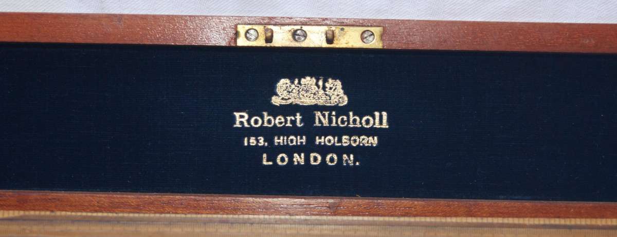 Antique Robert Nicholl London Scale Rule Set  8 Rules in Flame Mahogany Box