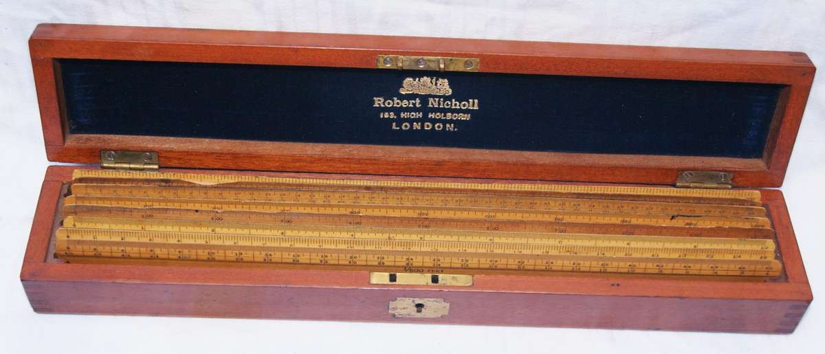 Antique Robert Nicholl London Scale Rule Set  8 Rules in Flame Mahogany Box
