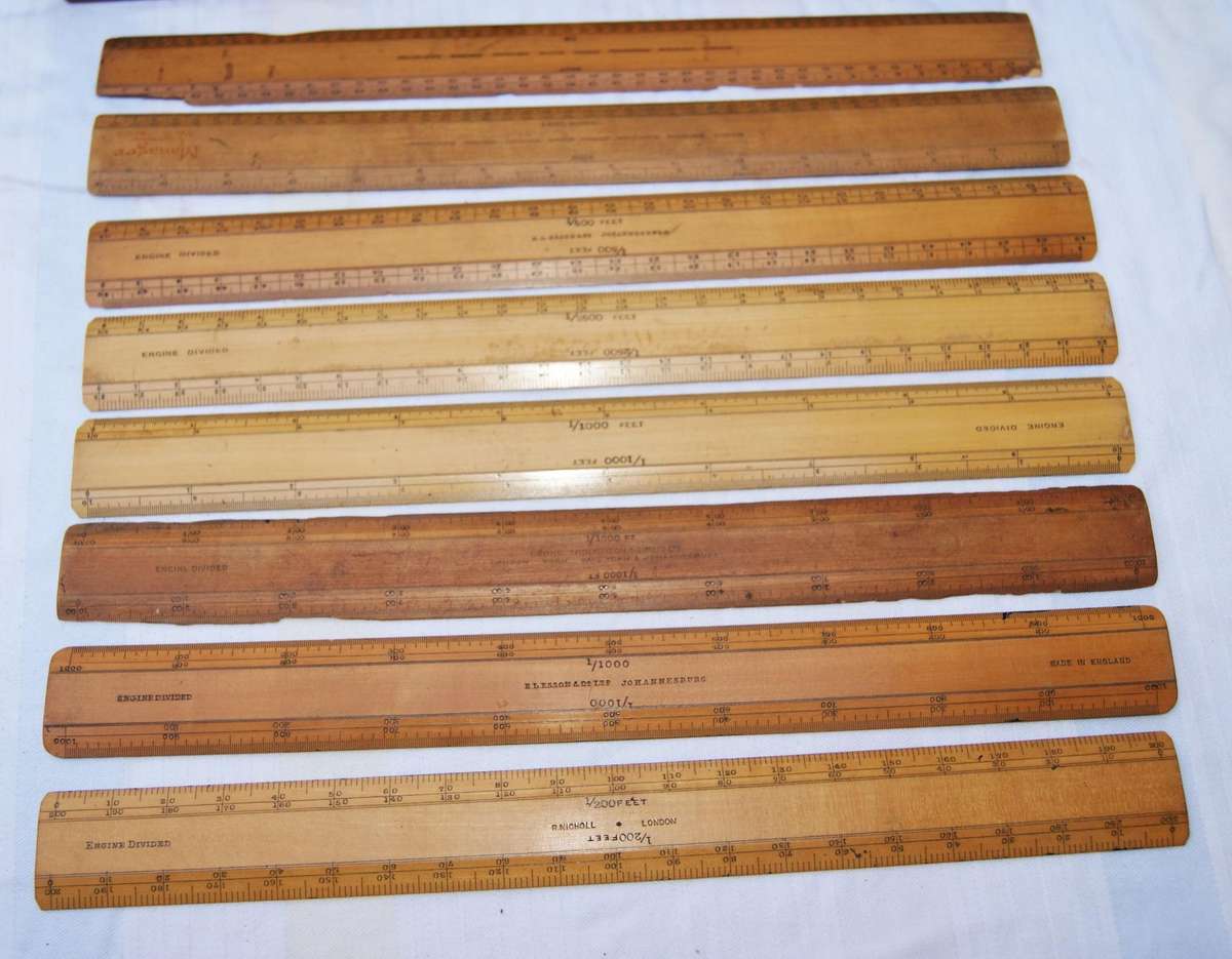 Antique Robert Nicholl London Scale Rule Set  8 Rules in Flame Mahogany Box