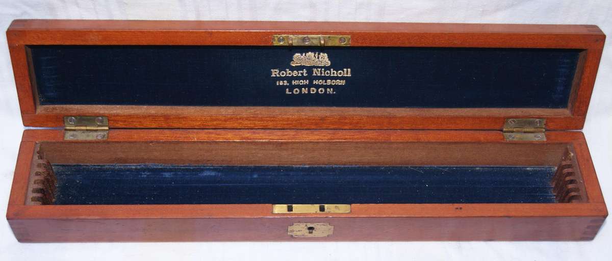 Antique Robert Nicholl London Scale Rule Set  8 Rules in Flame Mahogany Box