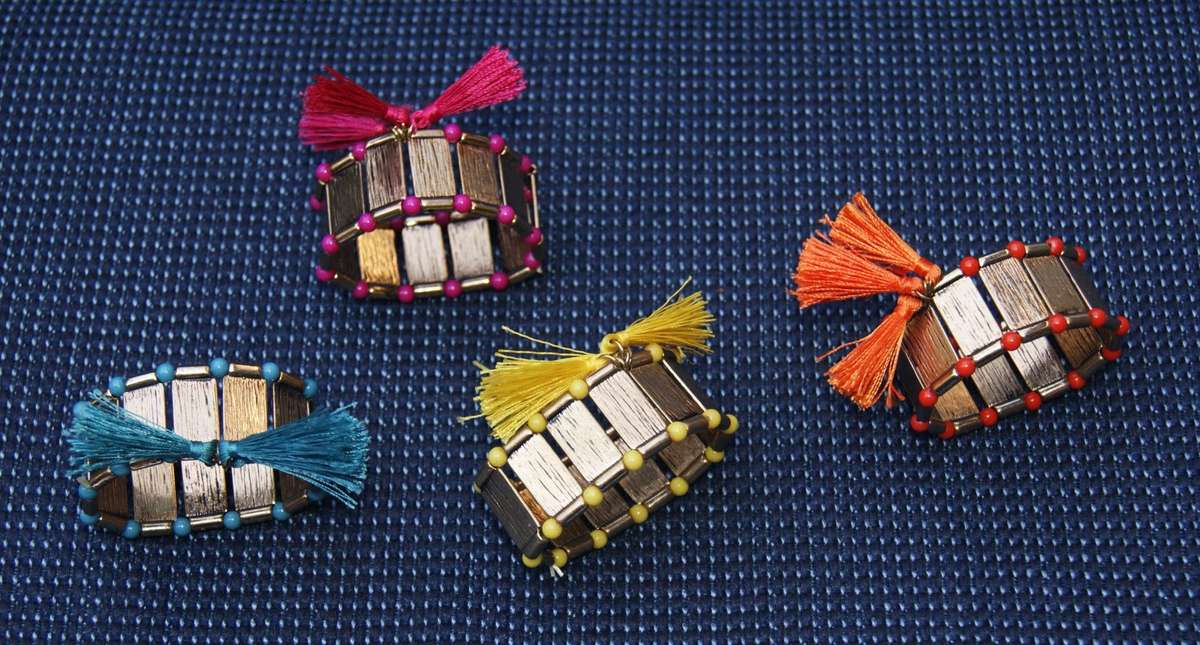 Set of 4 Colourful Beaded Elasticated Napkin Rings  Tassel Detail