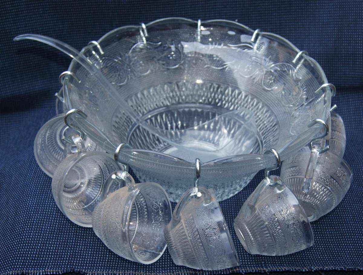 Vintage Pressed Glass Punch Bowl Set  12 Cups + Ladle
