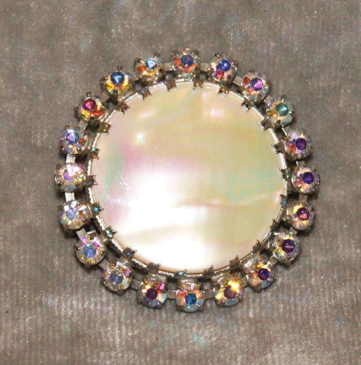 Mother of Pearl and Austrian Crystal Brooch