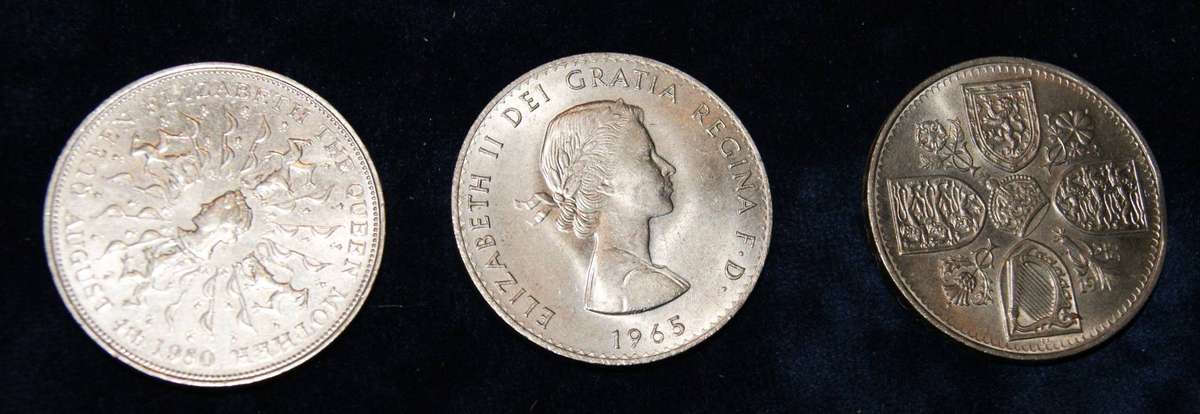 3x Commemorative British Crowns (1953, 1965, 1980)